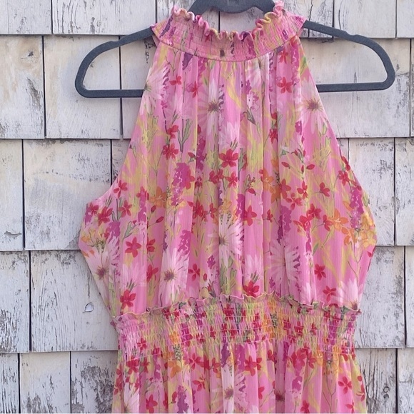 Taylor Floral Pink Halter Mock Neck Sleeveless Elastic Waist Maxi Dress - Picture 2 of 10